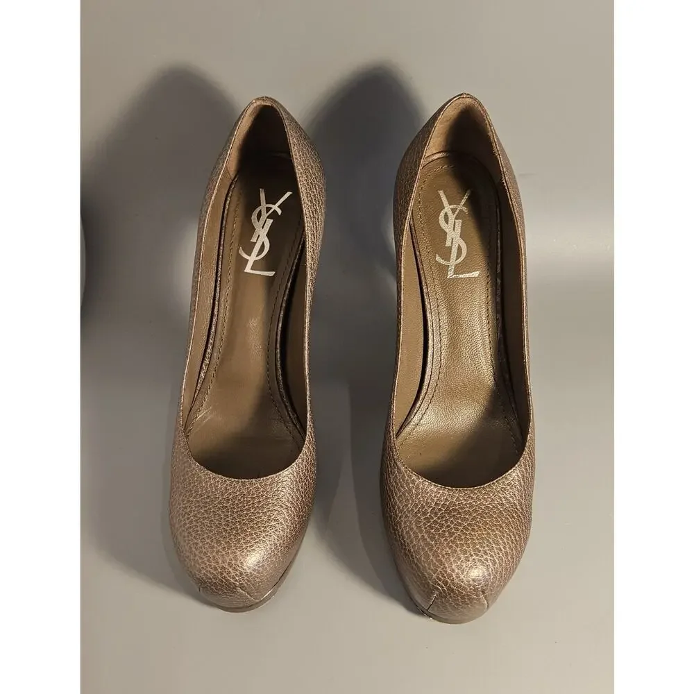 YVES SAINT LAURENT Bronze Leather Tribtoo Platform Pumps Italy dust bag SZ 10 - Picture 3 of 10